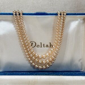 Vintage Deltah Triple Strand Pearl Necklace w Filigree Clasp & Case